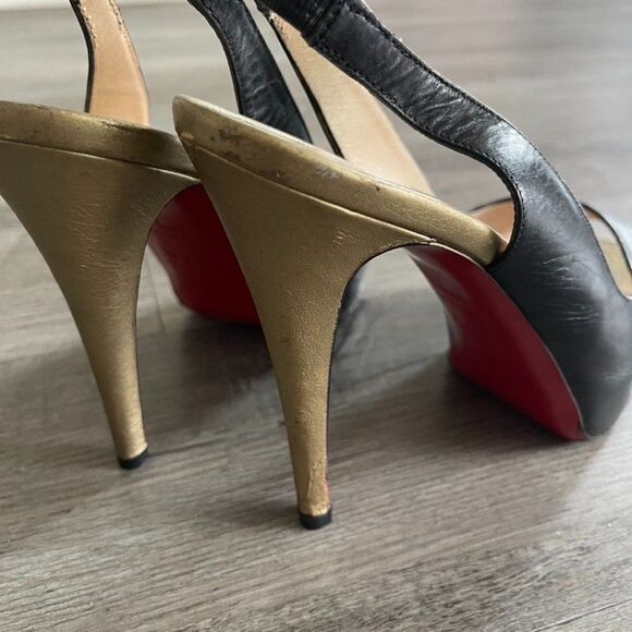 Christian Louboutin Black Gold Leather Slingback Peep Toe Pumps Size 39.5EU - Picture 2 of 13